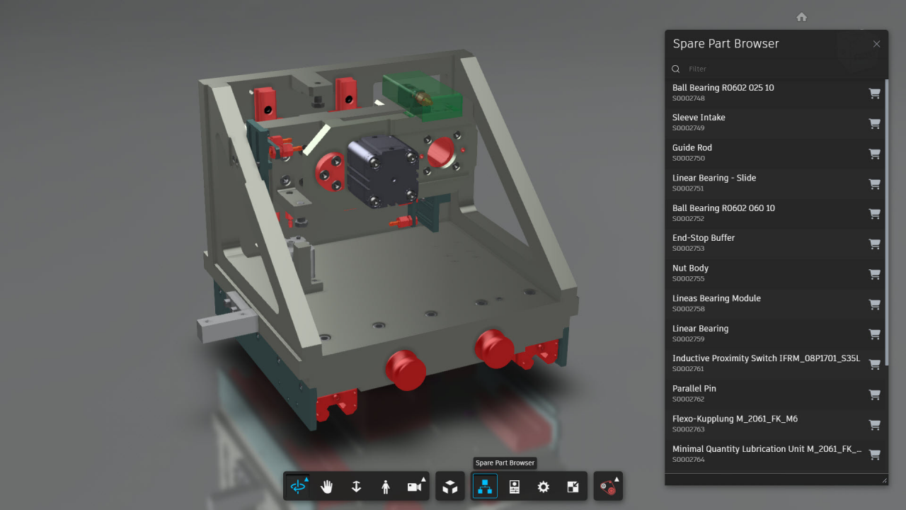 The 3D visualization of machines and products in the spare parts viewer simplifies the selection of the required spare parts.