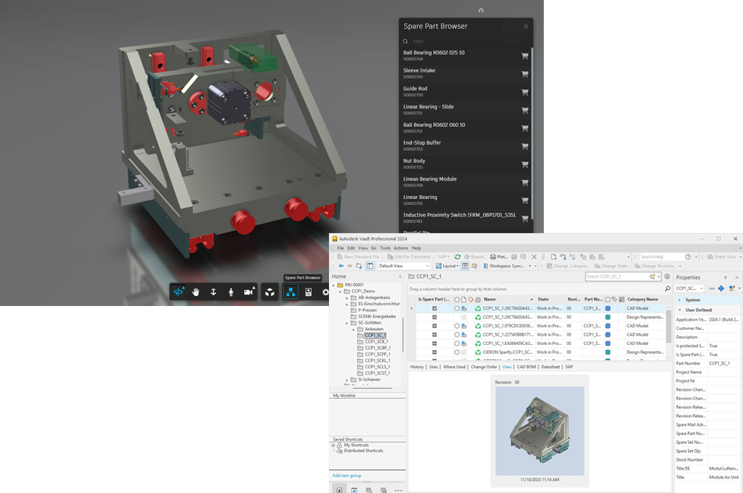 CIDEON Sparify user interface and display of Autodesk Vault